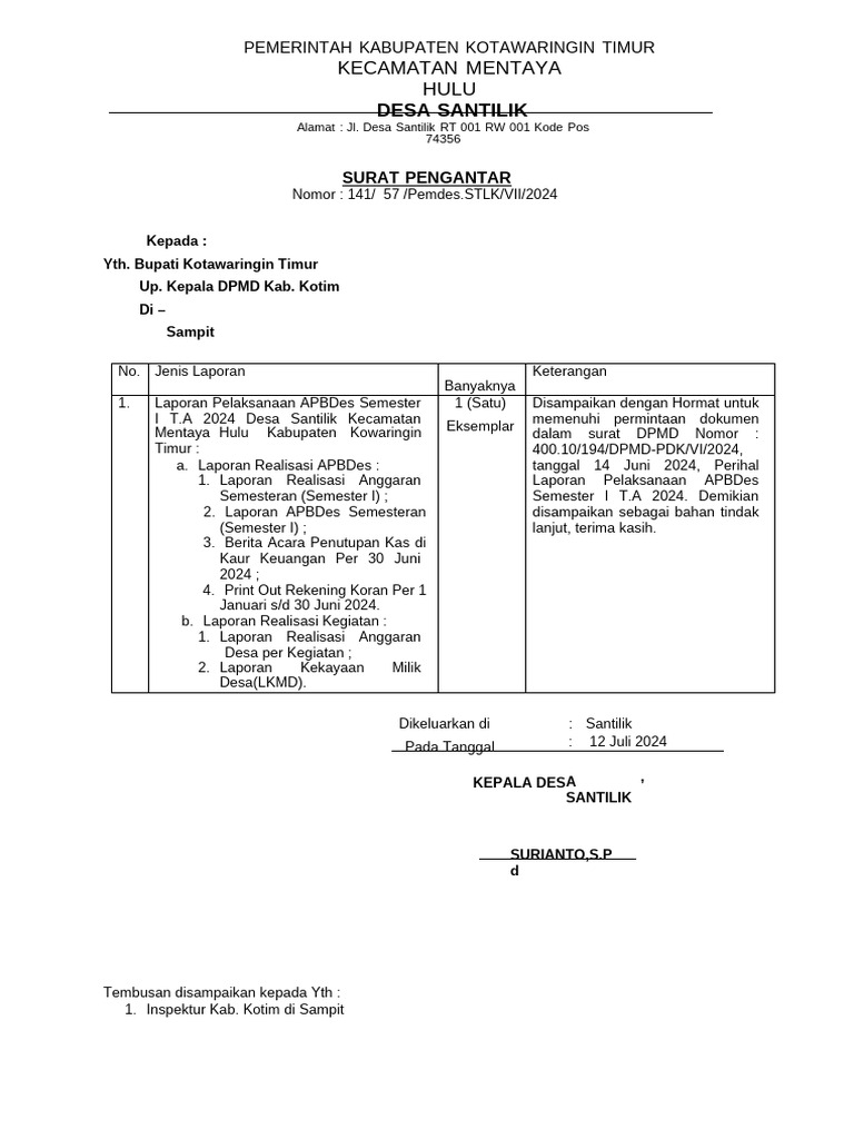 Desa Tangar - Laporan Realisasi Apbdes Semester 1 Tahun 2024 | PDF