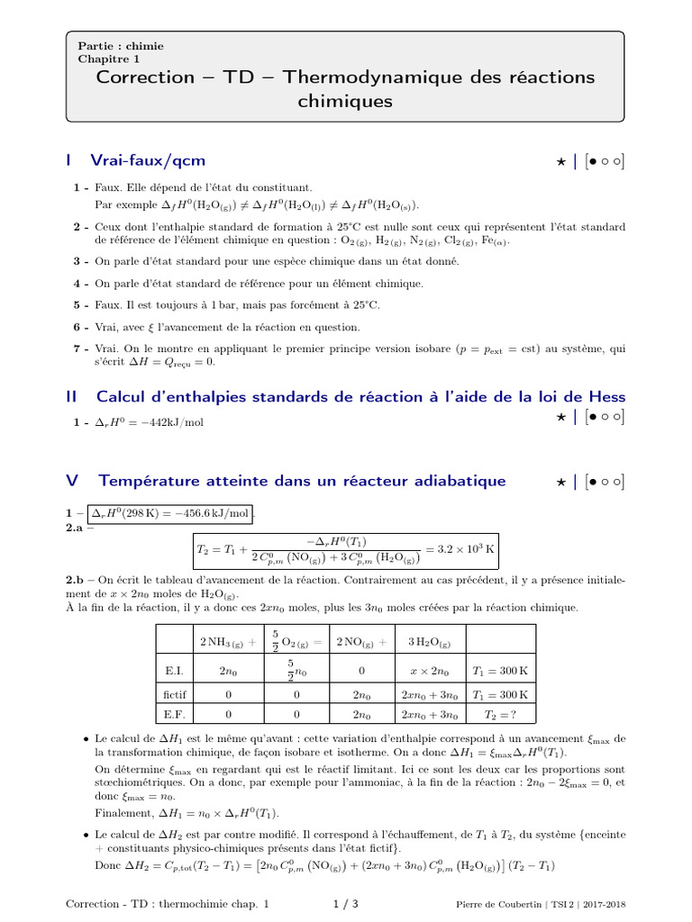 Correction TD Thermodynamique Des Réactions | PDF