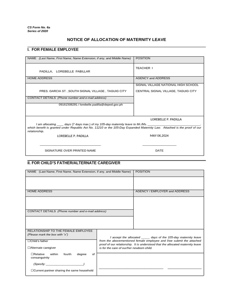 CS Form No. 6a S. 2020 Notice of Allocation of Maternity Leave Fillable ...