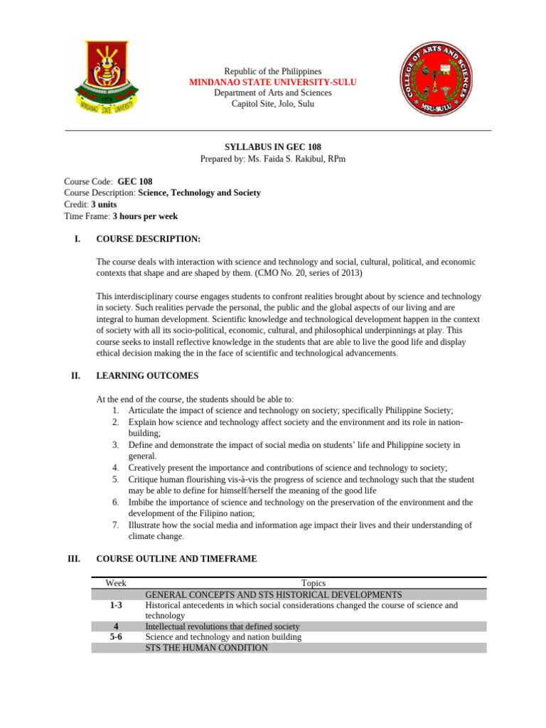 Science Technology and Society Syllabus | PDF