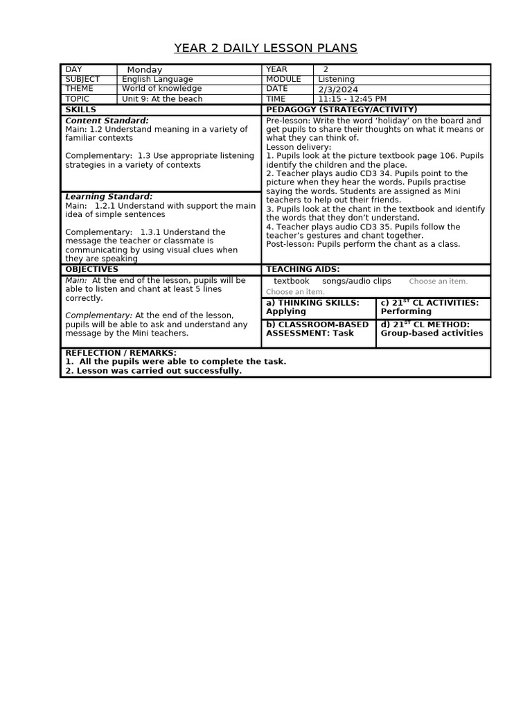 Year 2 Daily Lesson Plans: Monday 2/3/2024 | PDF