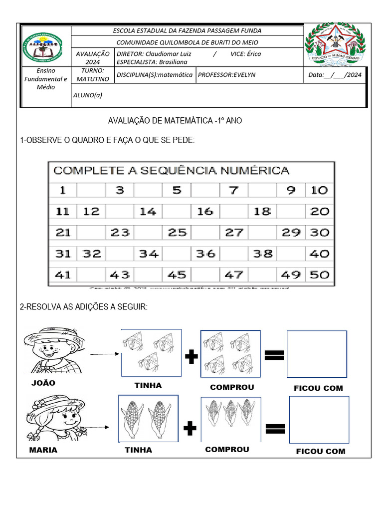 AVALIAÇÃO DE MATEMÁTICA 1 Ano 2 Bimestre-1 | PDF