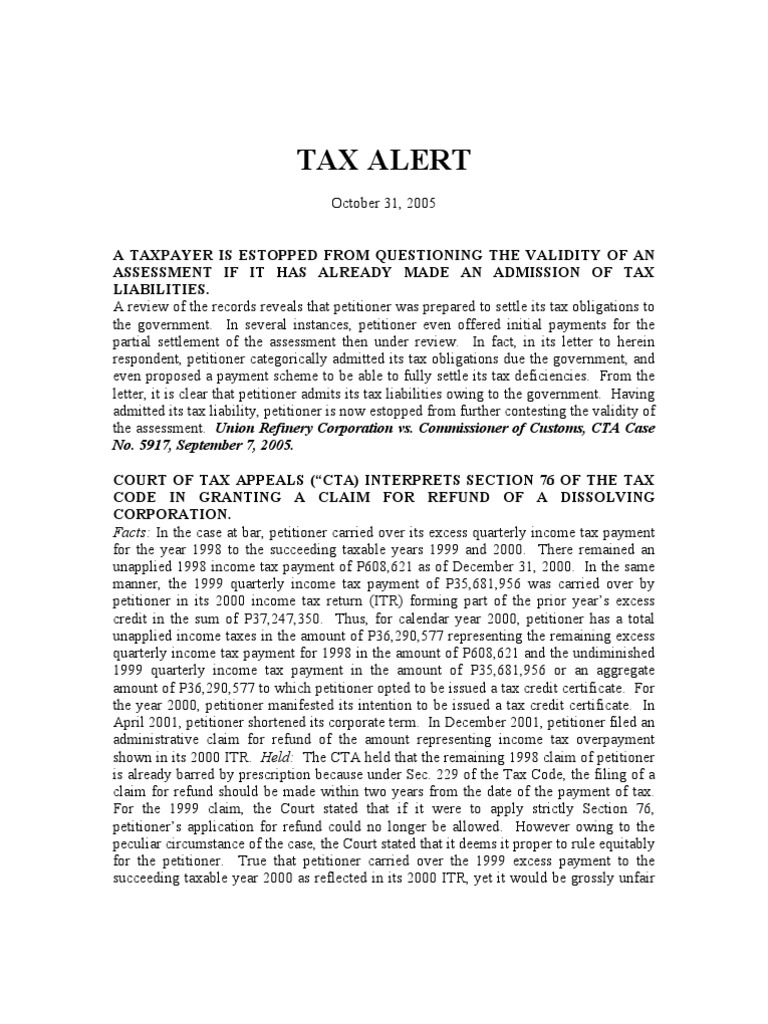 TAX AND LEGAL UPDATES AN OVERVIEW OF RECENT COURT OF TAX APPEALS AND