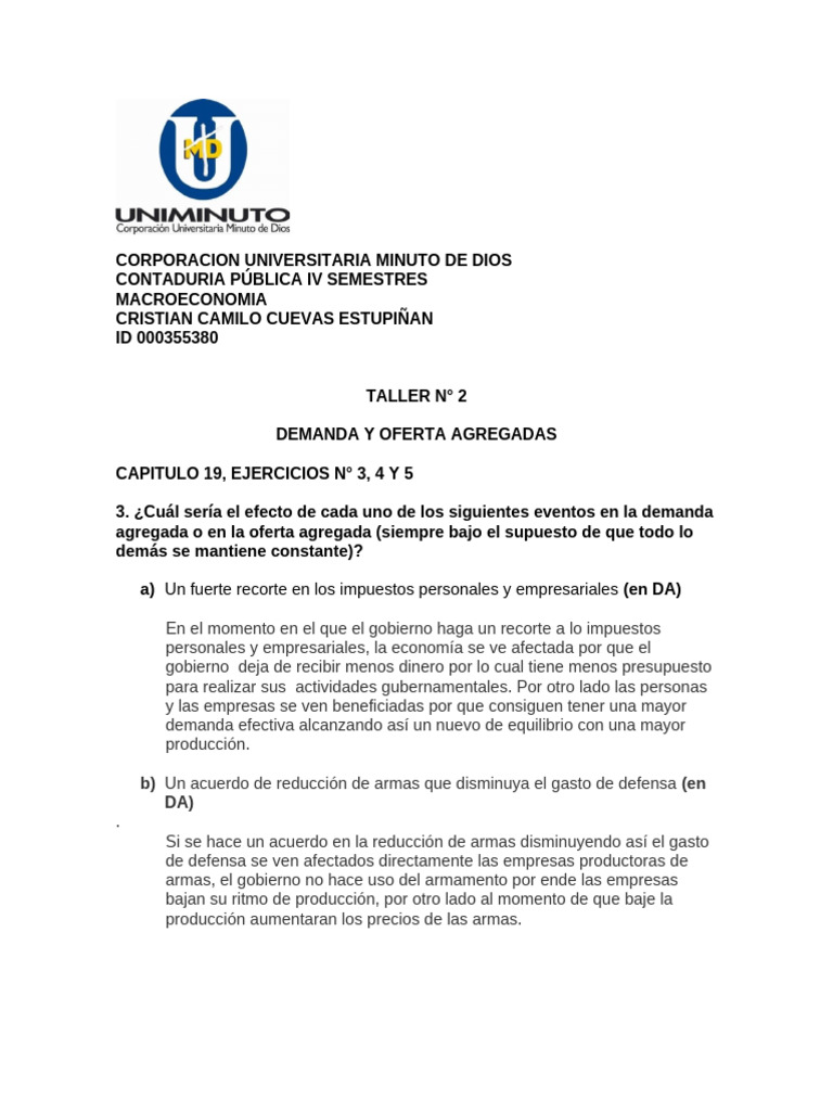 Taller 2 Demanda y Oferta Agregadas | PDF | La política fiscal | Precios