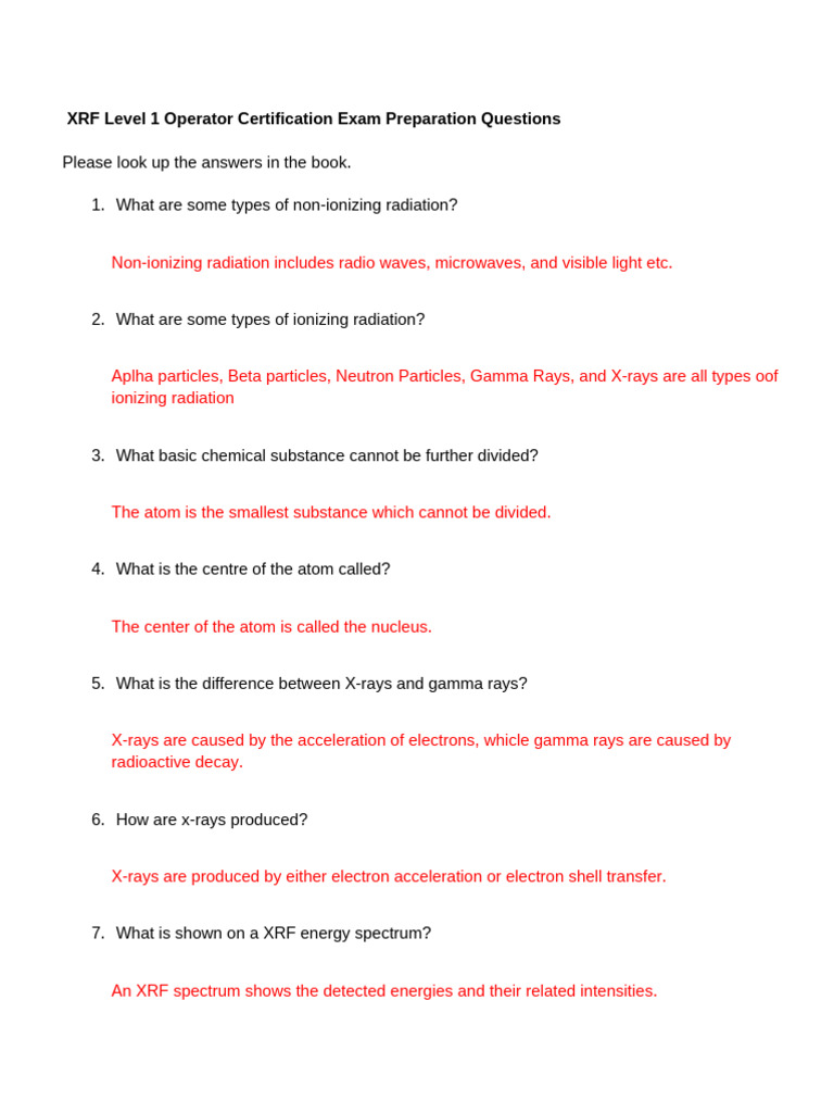 XRF Level 1 Certification Exam Guide | PDF | Radiation | Ionizing Radiation