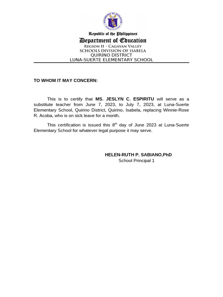 Certification For Teacher On Leave | PDF