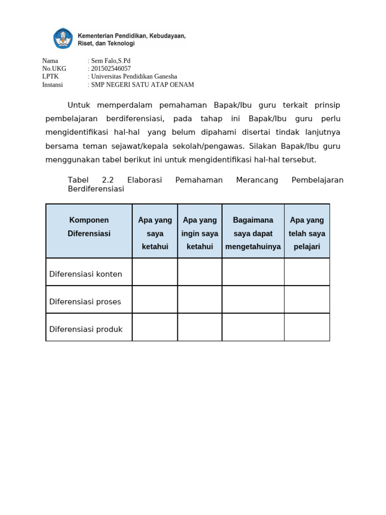 Elaborasi Pemahaman Merancang Pembelajaran Berdiferensiasi | PDF