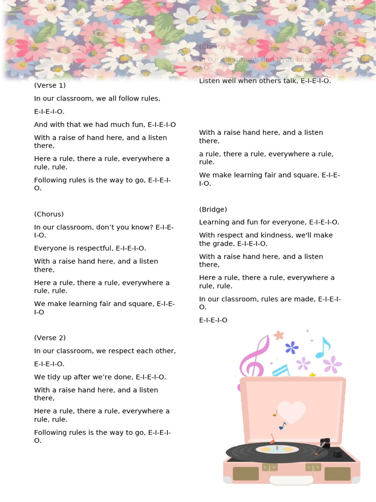 Classroom Rules Song Lyrics | PDF | Language Arts & Discipline