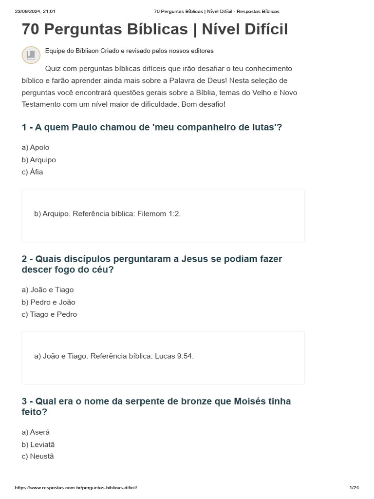 70 Perguntas Bíblicas - Nível Difícil - Respostas Bíblicas | PDF