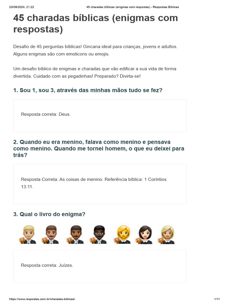 45 Charadas Bíblicas (Enigmas Com Respostas) - Respostas Bíblicas | PDF