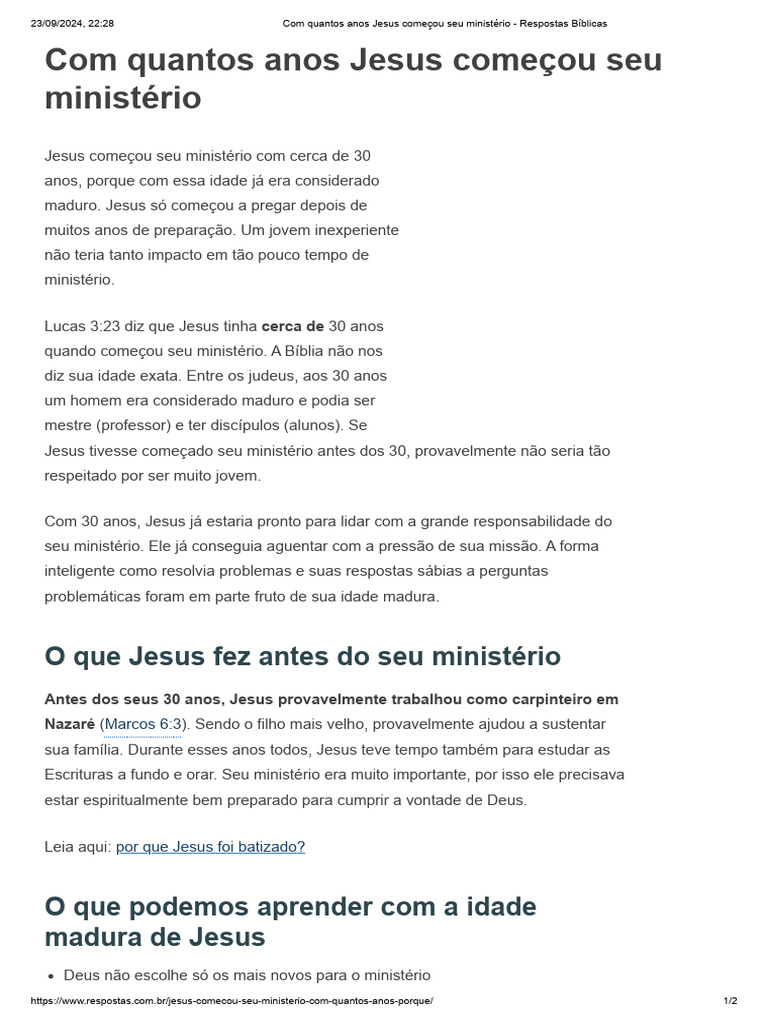 Com Quantos Anos Jesus Começou Seu Ministério - Respostas Bíblicas | PDF