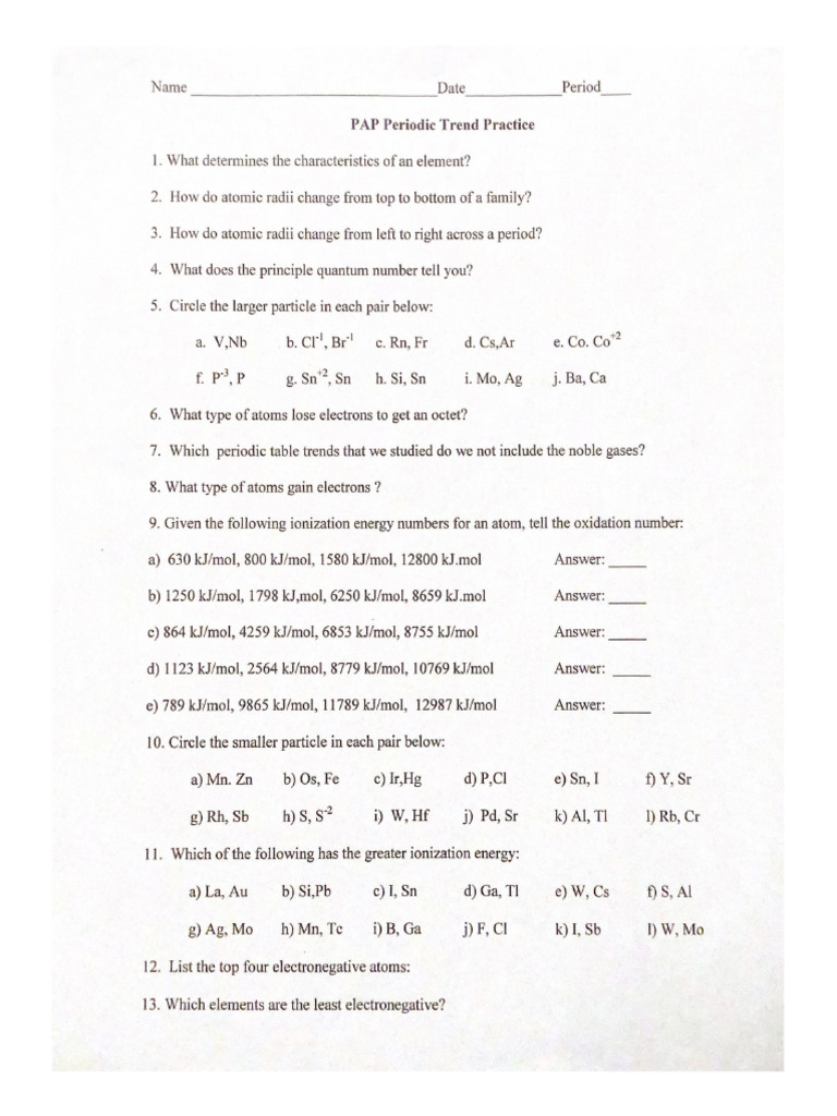 PAP Periodic Trend Practice | PDF