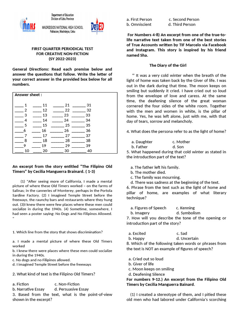 First Quarter Creative Non-Fiction Test | PDF | Courage