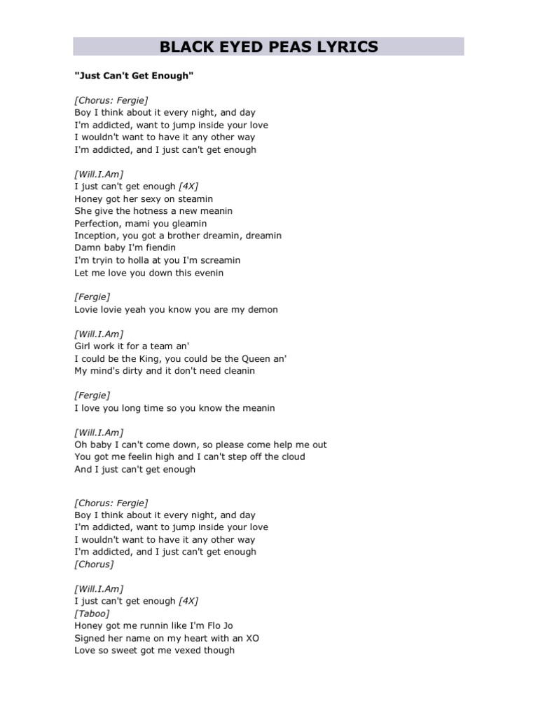 Black Eyed Peas Lyrics PDF Pop Music Singles