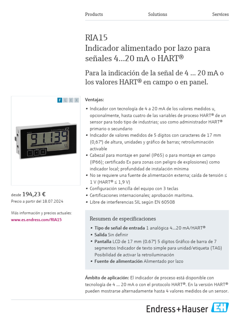 Endress-Hauser Loop Powered Process Indicator RIA15 ES | PDF