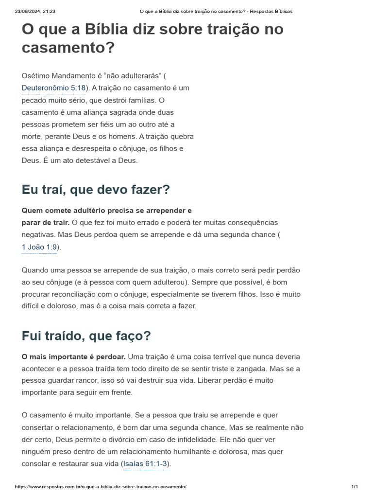O Que A Bíblia Diz Sobre Traição No Casamento - Respostas Bíblicas | PDF