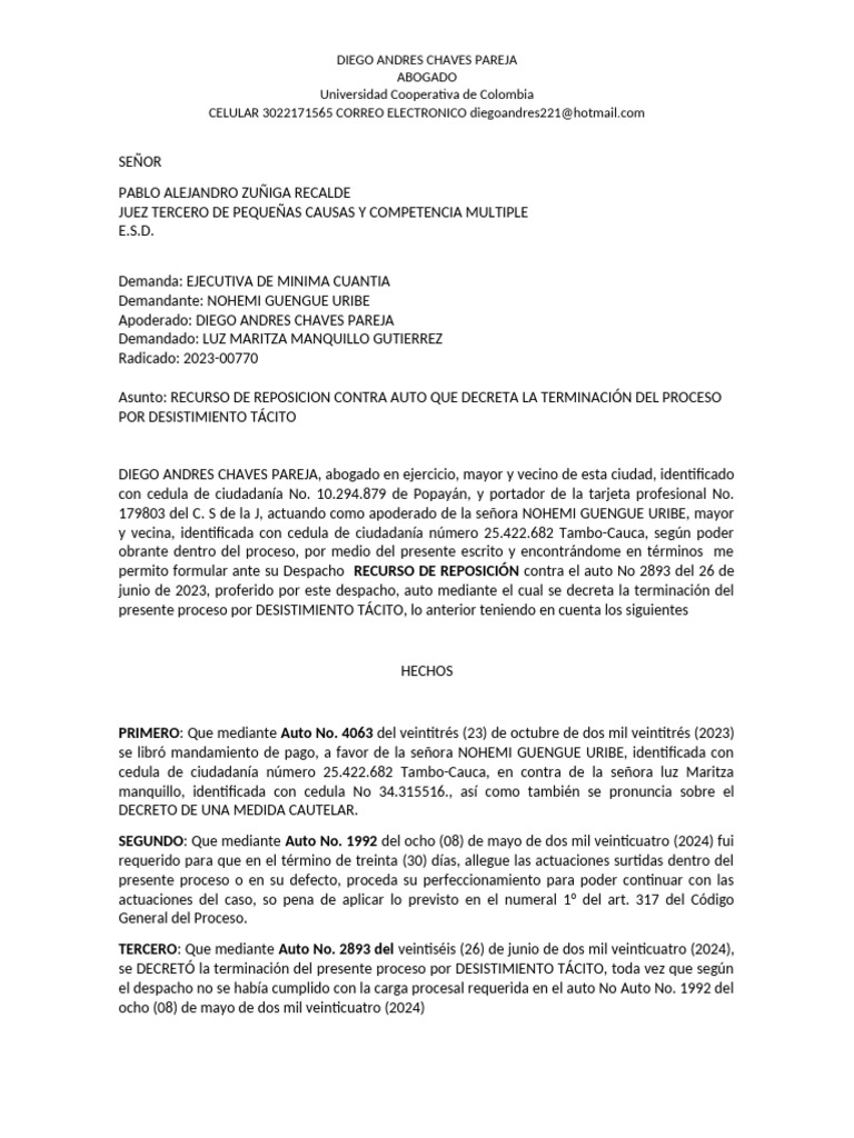 Recurso de Reposición en Proceso Ejecutivo | PDF | Justicia | Crimen y ...