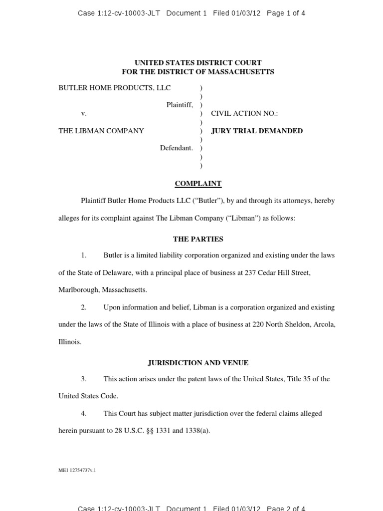 Butler vs. Libman Patent Infringement Case | PDF | Complaint | Injunction
