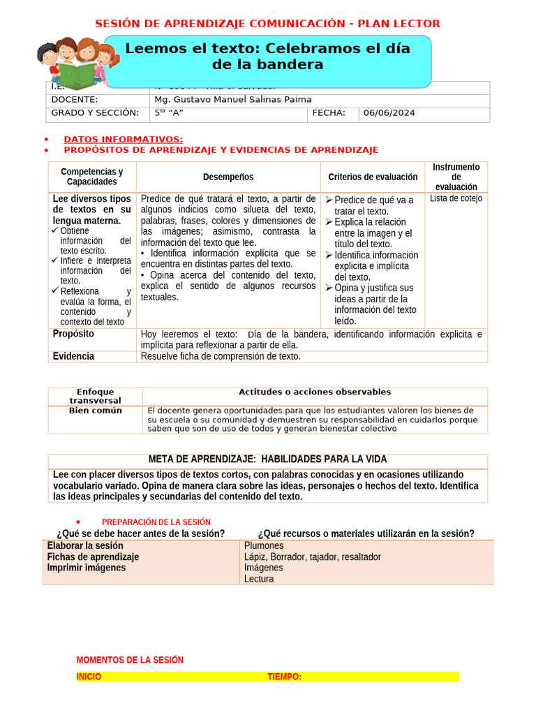PLAN LECTOR - Celebramos El Día de La Bandera | PDF