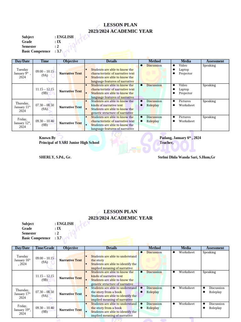 English IX Lesson Plan 2023/2024 | PDF | Middle Schools | Lesson Plan