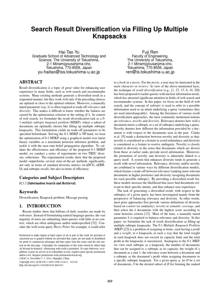 Search Result Diversification Via Filling Up Multiple Knapsacks | PDF