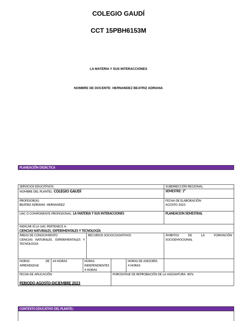 Planeacion La Materia y Sus Interacciones B101 | PDF