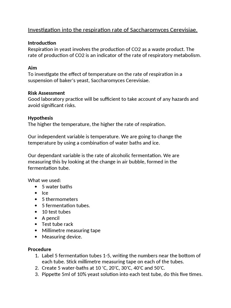 Yeast Respiration Rate and Temperature | PDF | Yeast | Cooking, Food & Wine
