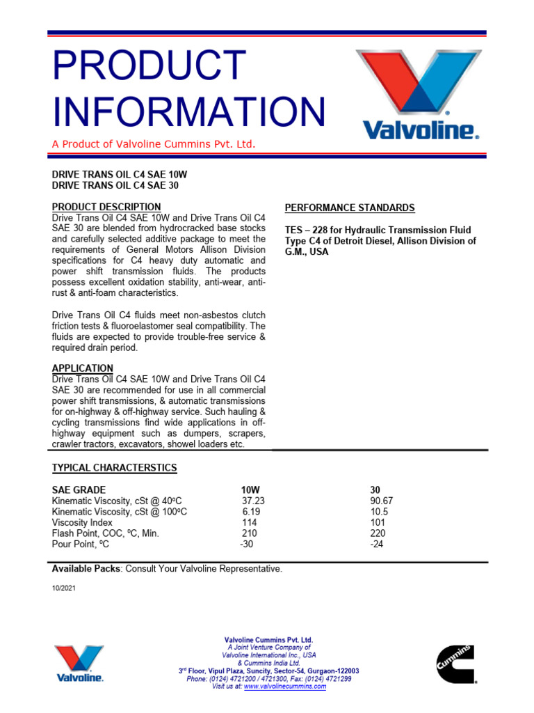 Valvoline Drive Trans Oil C4 Specifications | PDF | Viscosity | Business