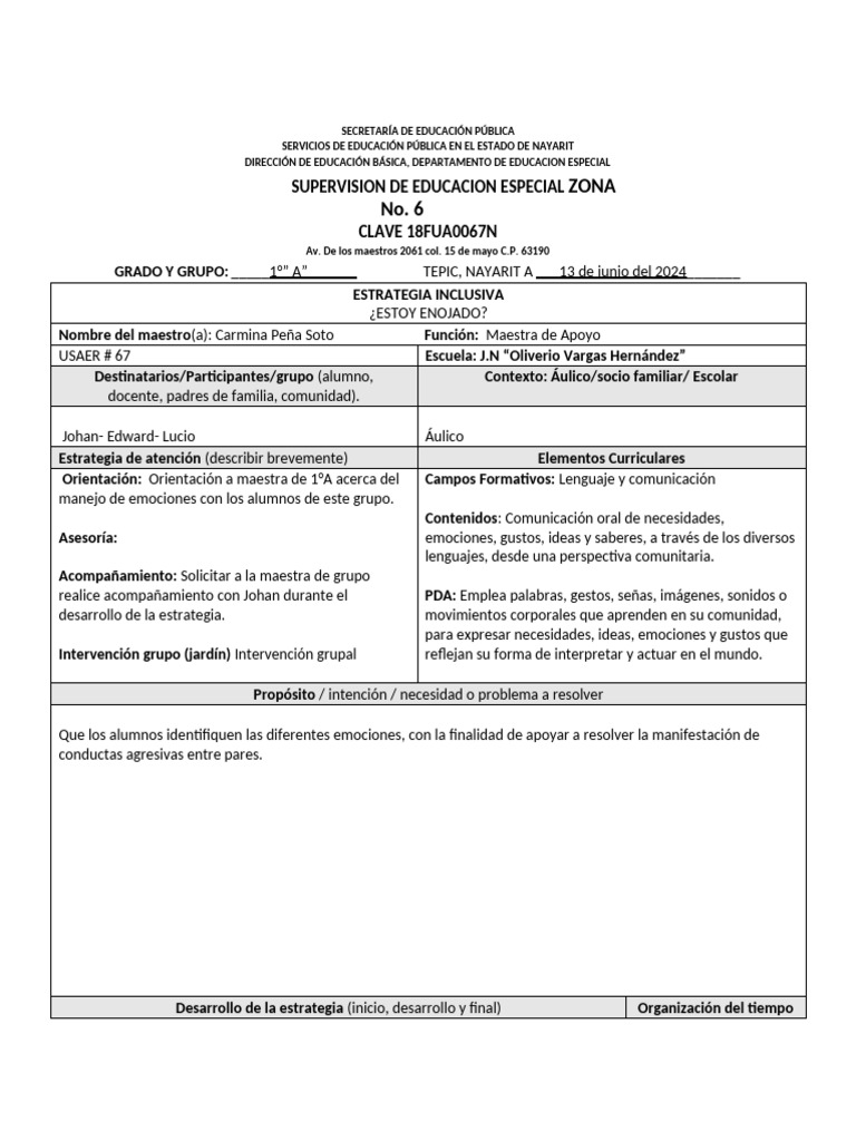 Estrategia Inclusiva para Manejo de Emociones | PDF | Las emociones ...