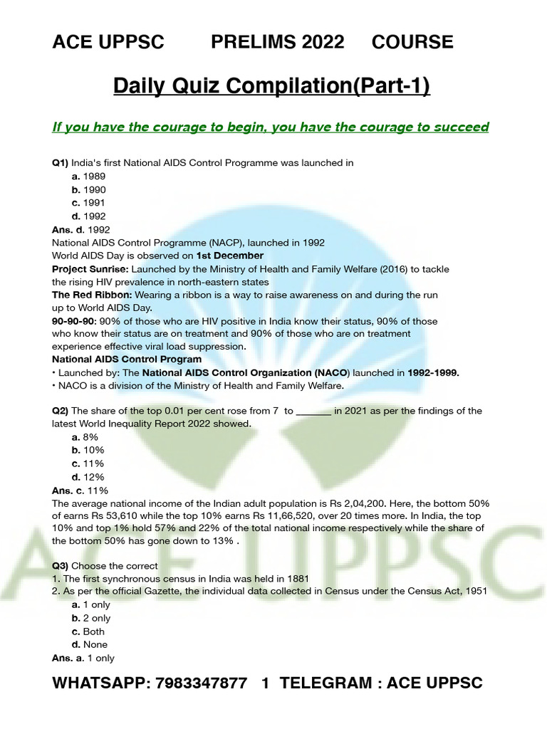 ACE UPPSC PRELIMS 2022 Daily Quiz Compilation Part 1 PDF