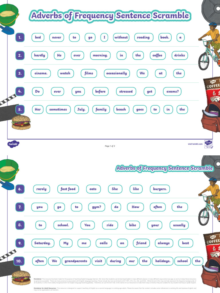 Frequency Adverb Sentence Exercises | PDF | English As A Second Or ...