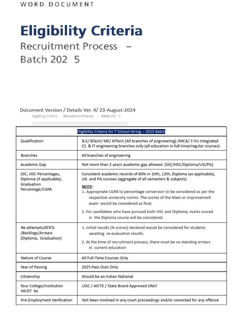 Eligibility Criteria - Technical - Engineering Batch 2025 | PDF
