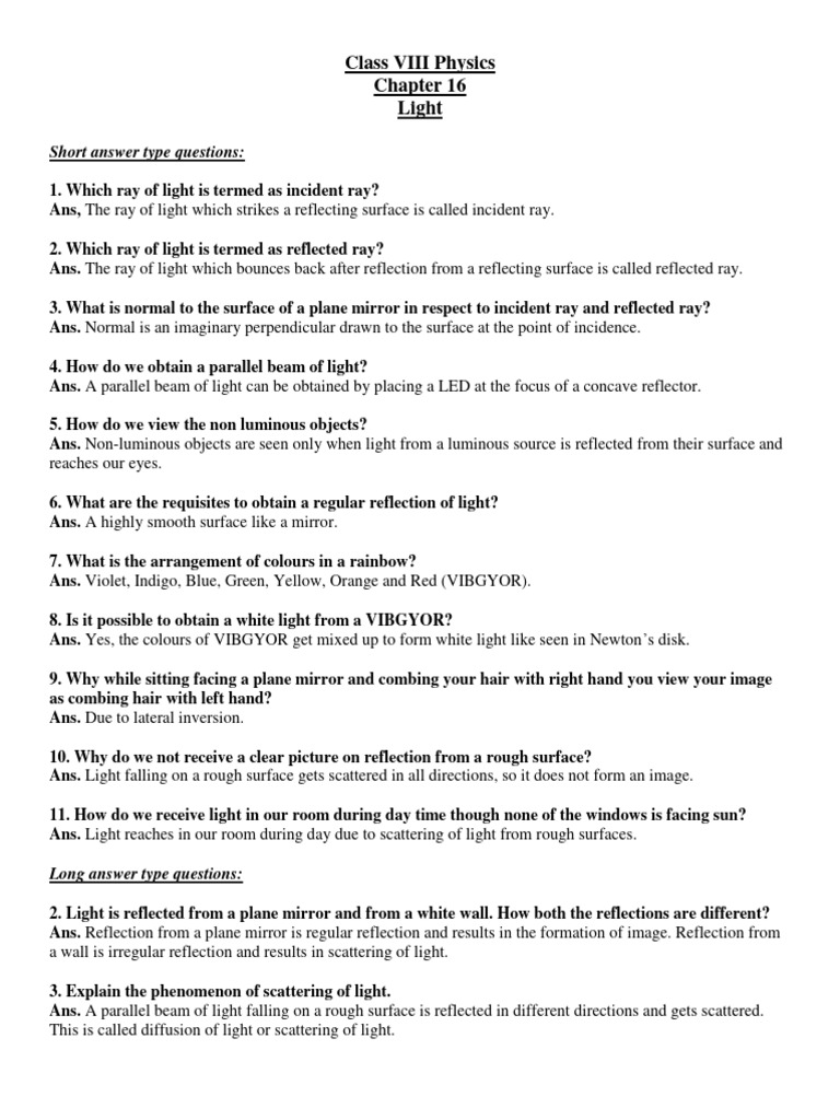 Class VIII Physics Light | PDF