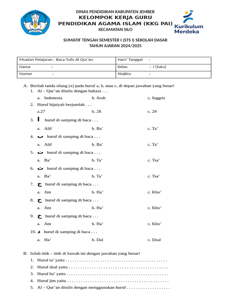 Soal Sts 1 Bta Kelas 1 Pdf