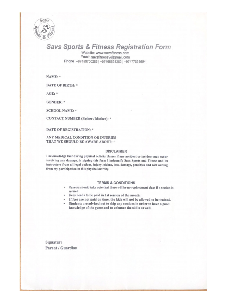 Savs Sports Fitness Registration Form | PDF