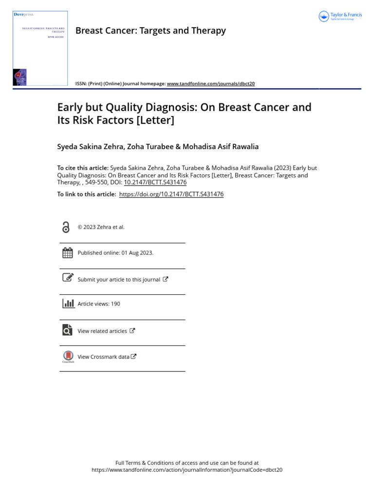 Early But Quality Diagnosis On Breast Cancer and Its Risk Factors ...