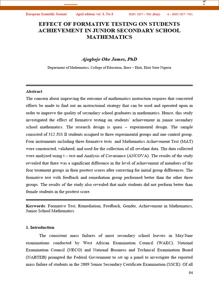 Effect of Formative Testing On Students Achievement in Junior Secondary ...