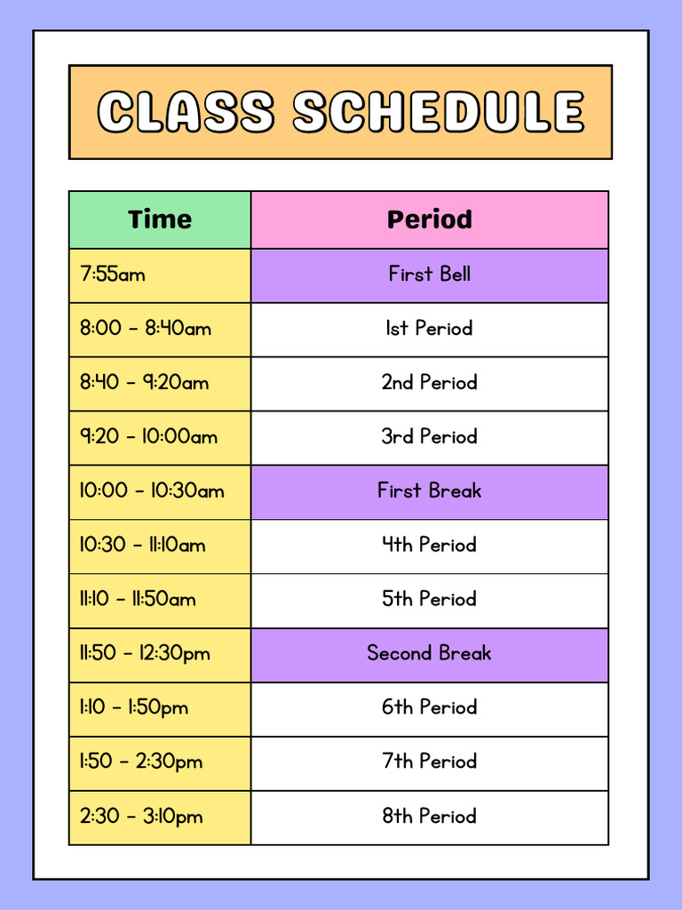 Class schedule document colorful table pdf