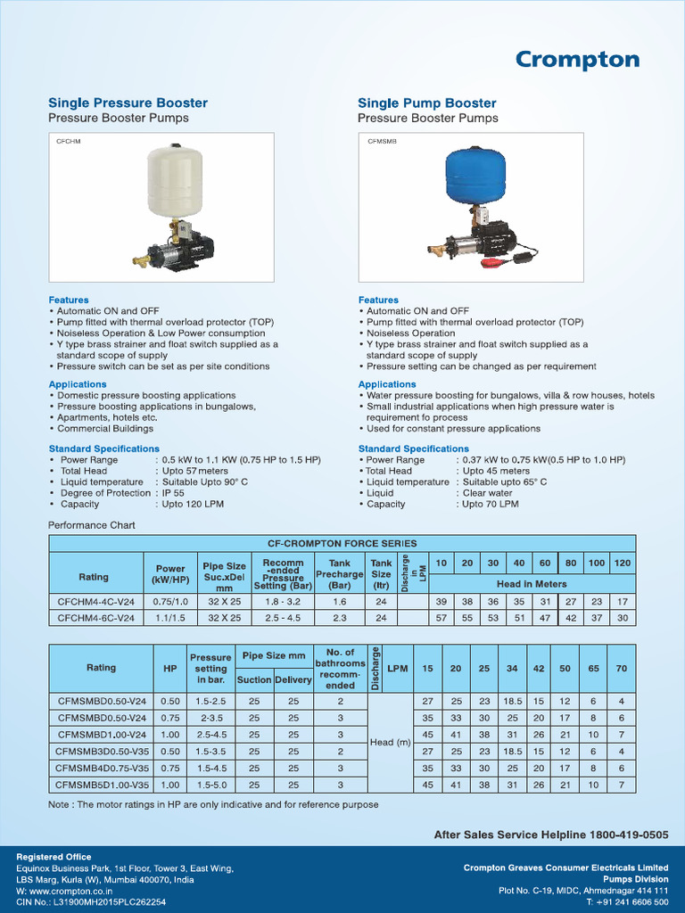 Crompton Single Pressure Booster PDF | PDF