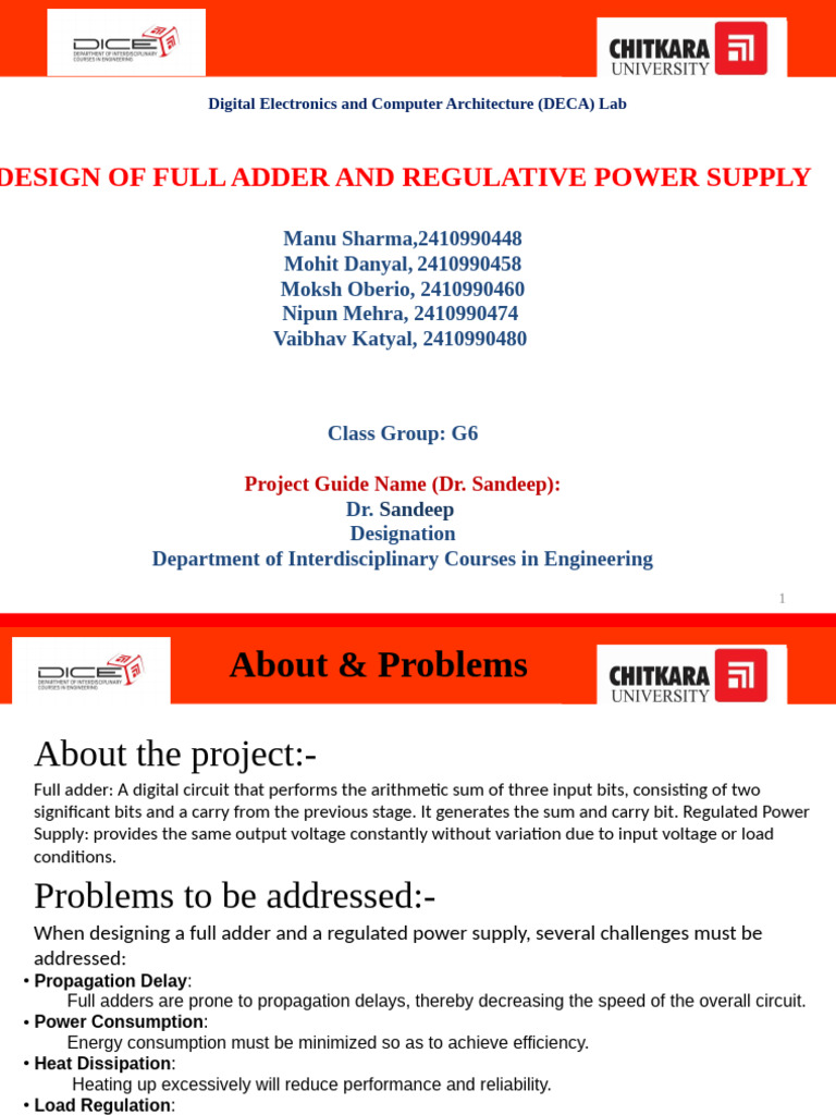 DECA PPT Grp-4 (Design of Full Adder and Regulated Power Supply) | PDF