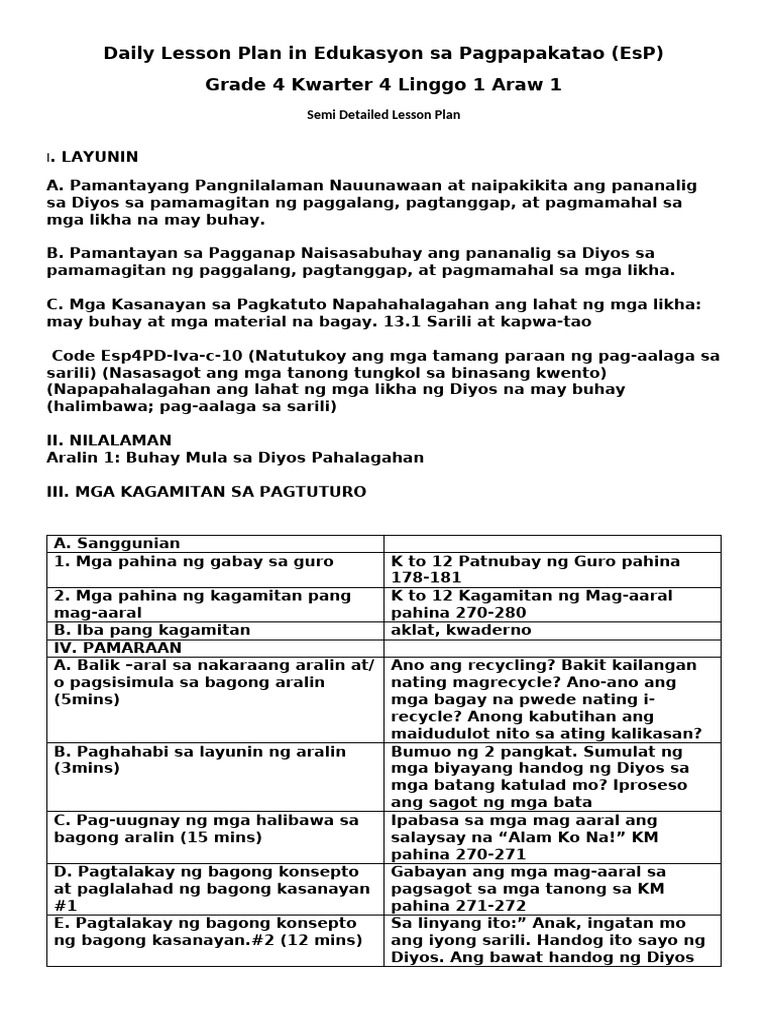 Daily Lesson Plan in Edukasyon Sa Pagpapakatao PDF