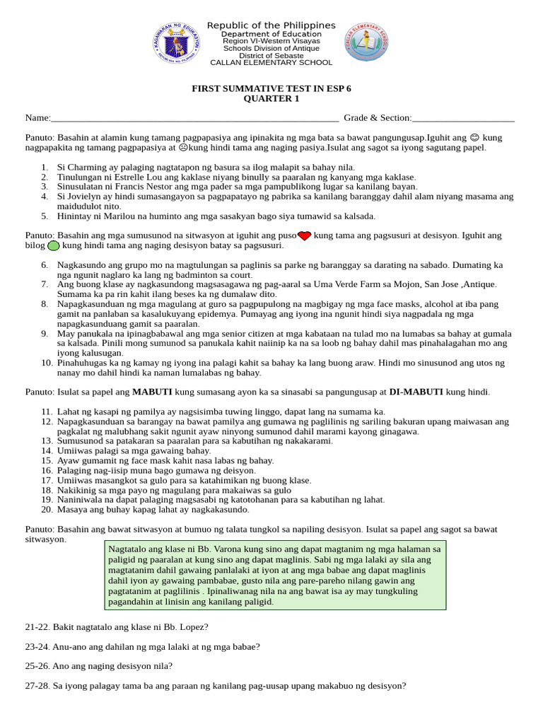 ESP 6 First Summative Test Guide | PDF