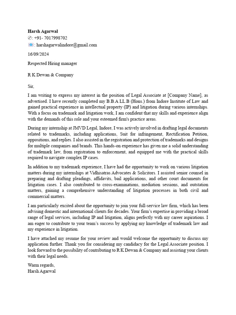 Cover Letter R K Dewan & Comany | PDF