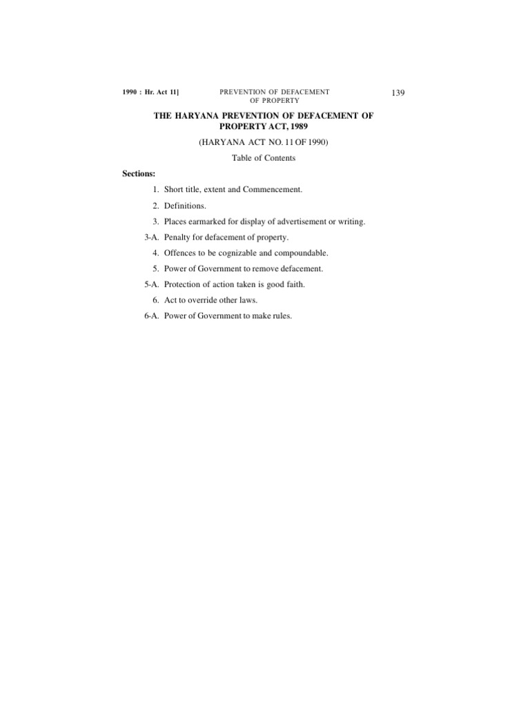 The Haryana Prevention of Defacement of Property Act, 1989 (11 of 1990 ...
