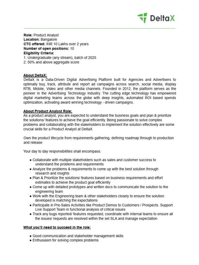 DeltaX - Product Analyst - Job Description | PDF