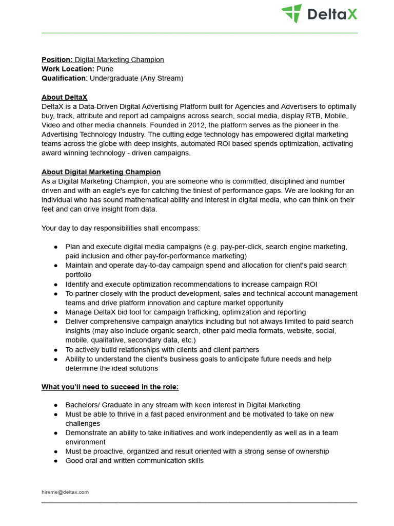 DeltaX - Digital Marketing Champion - Job Description | PDF