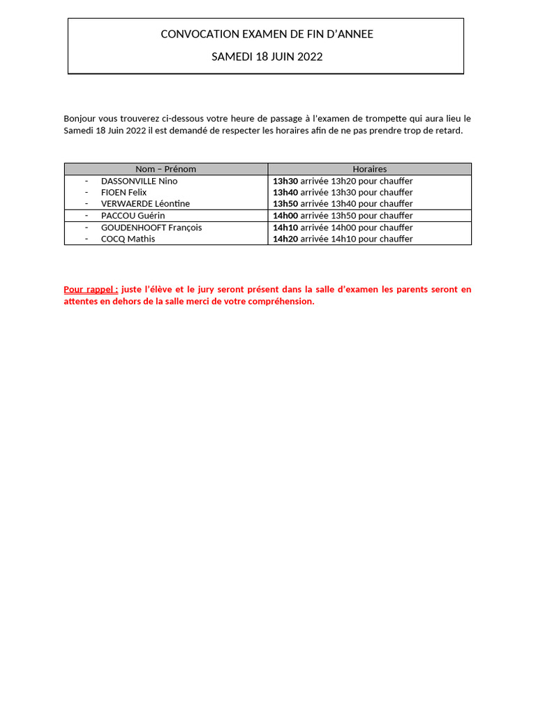 Convocation Examen Pdf