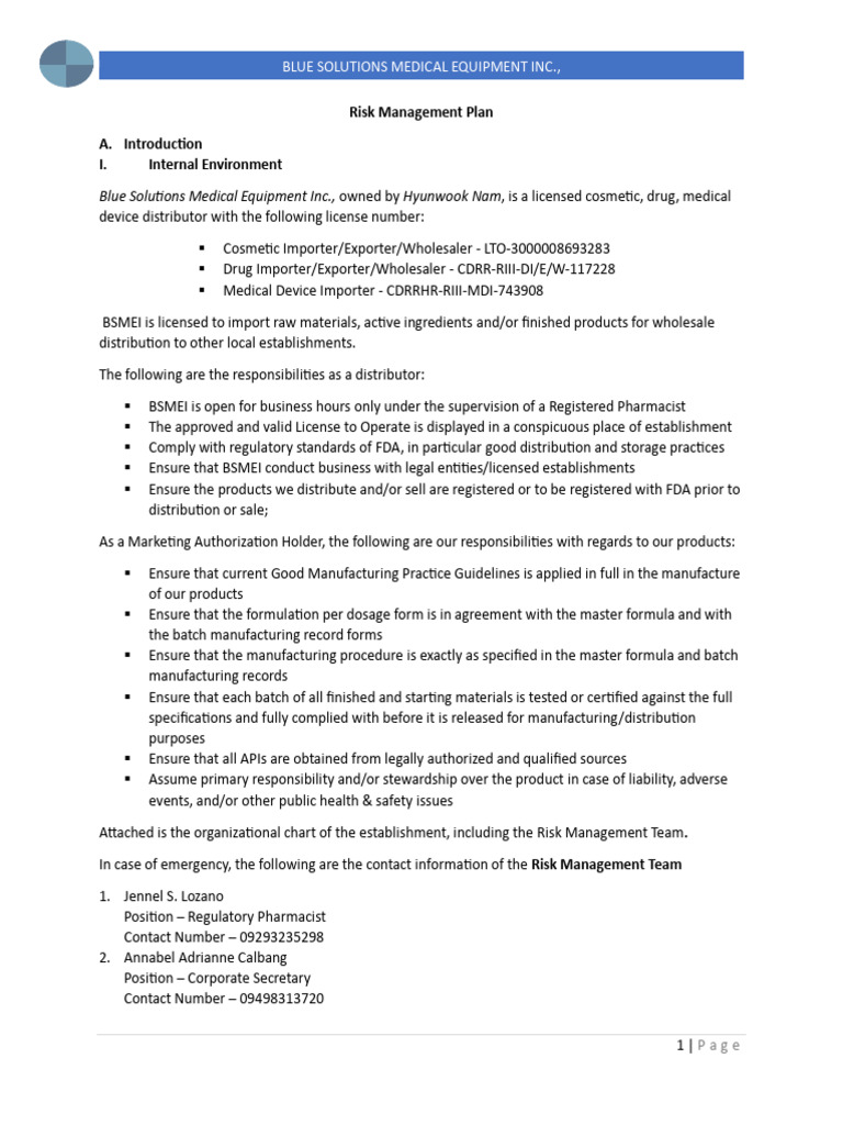 Risk Management Plan | PDF
