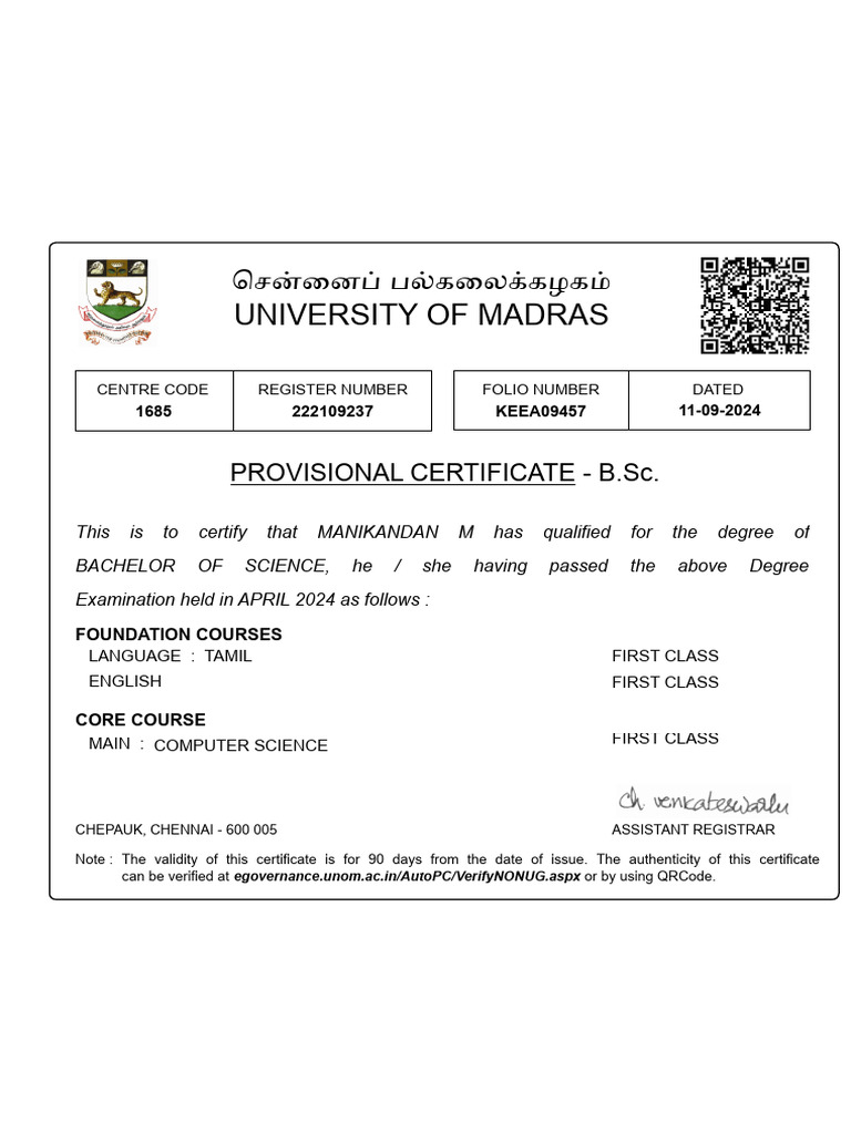 University of Madras: Provisional Certificate - B.S…