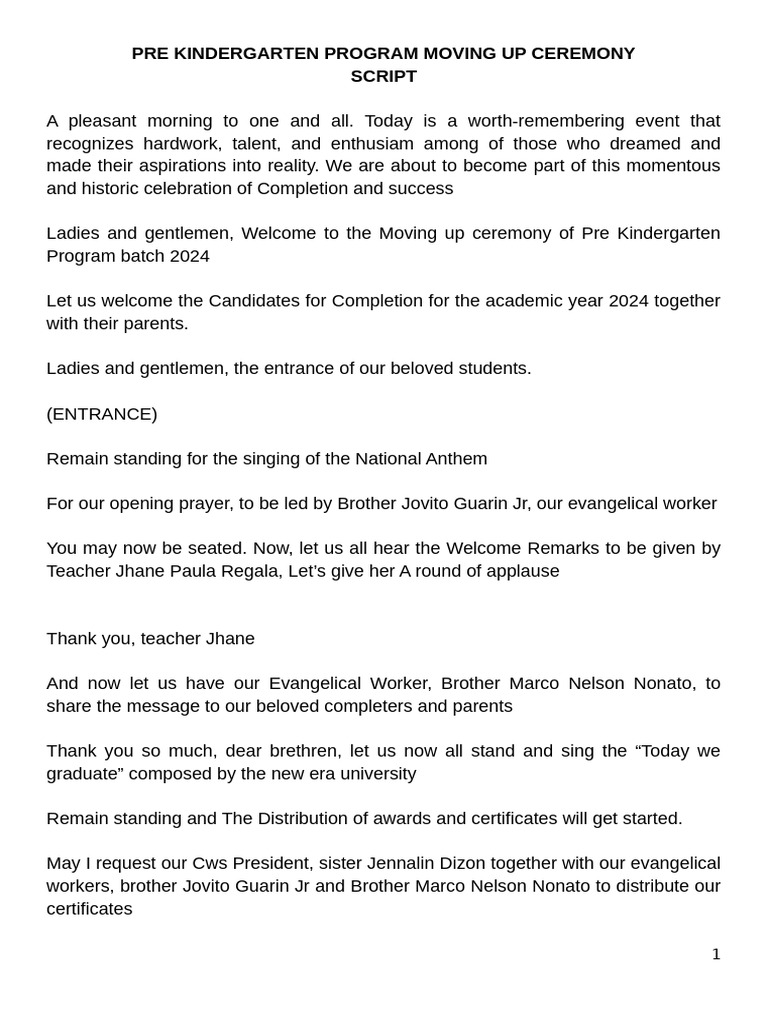 Pre Kindergarten Program Moving Up Ceremony Script | PDF